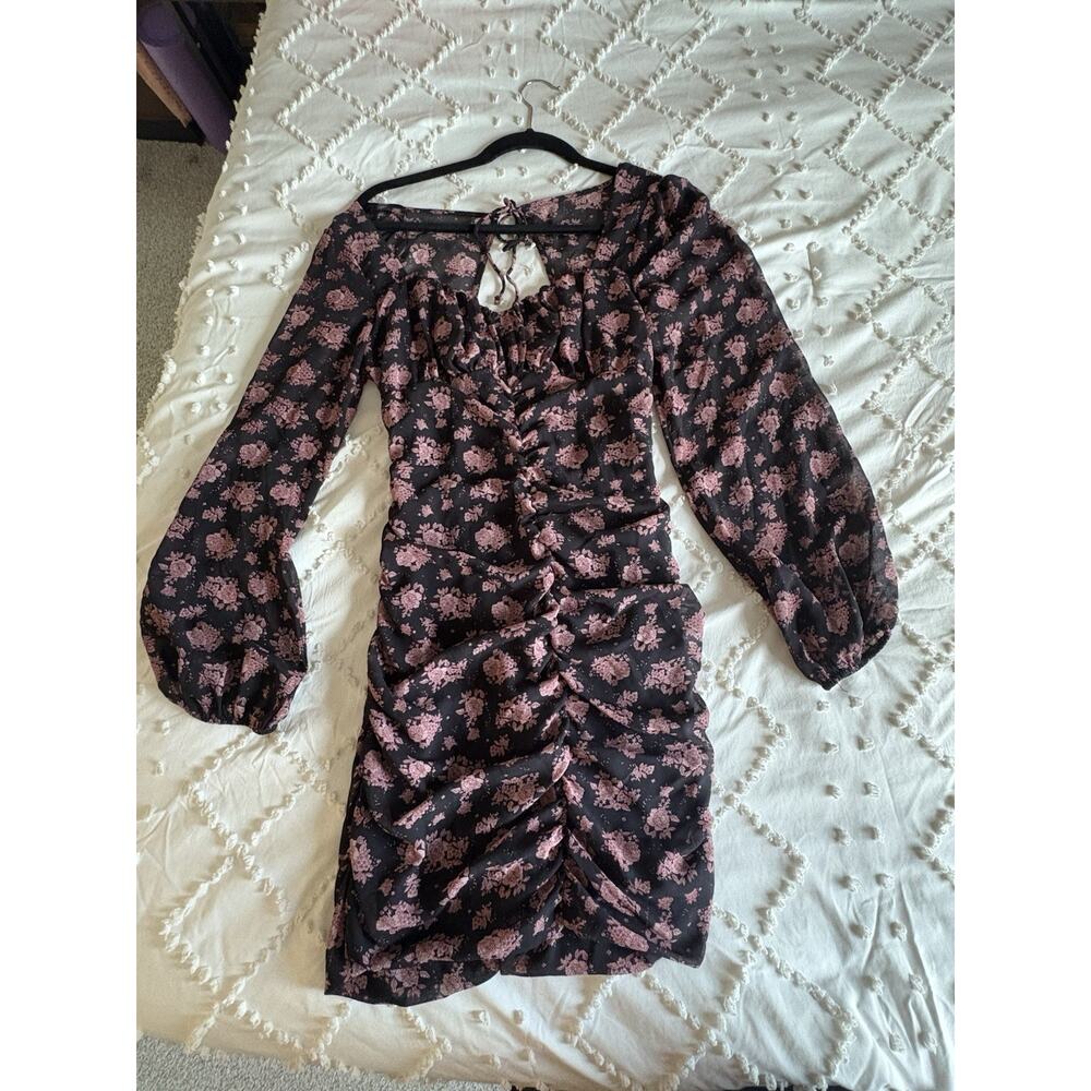 NOVA Vintage Black Pink Floral Ruched Mini Dress Size Medium Open Back